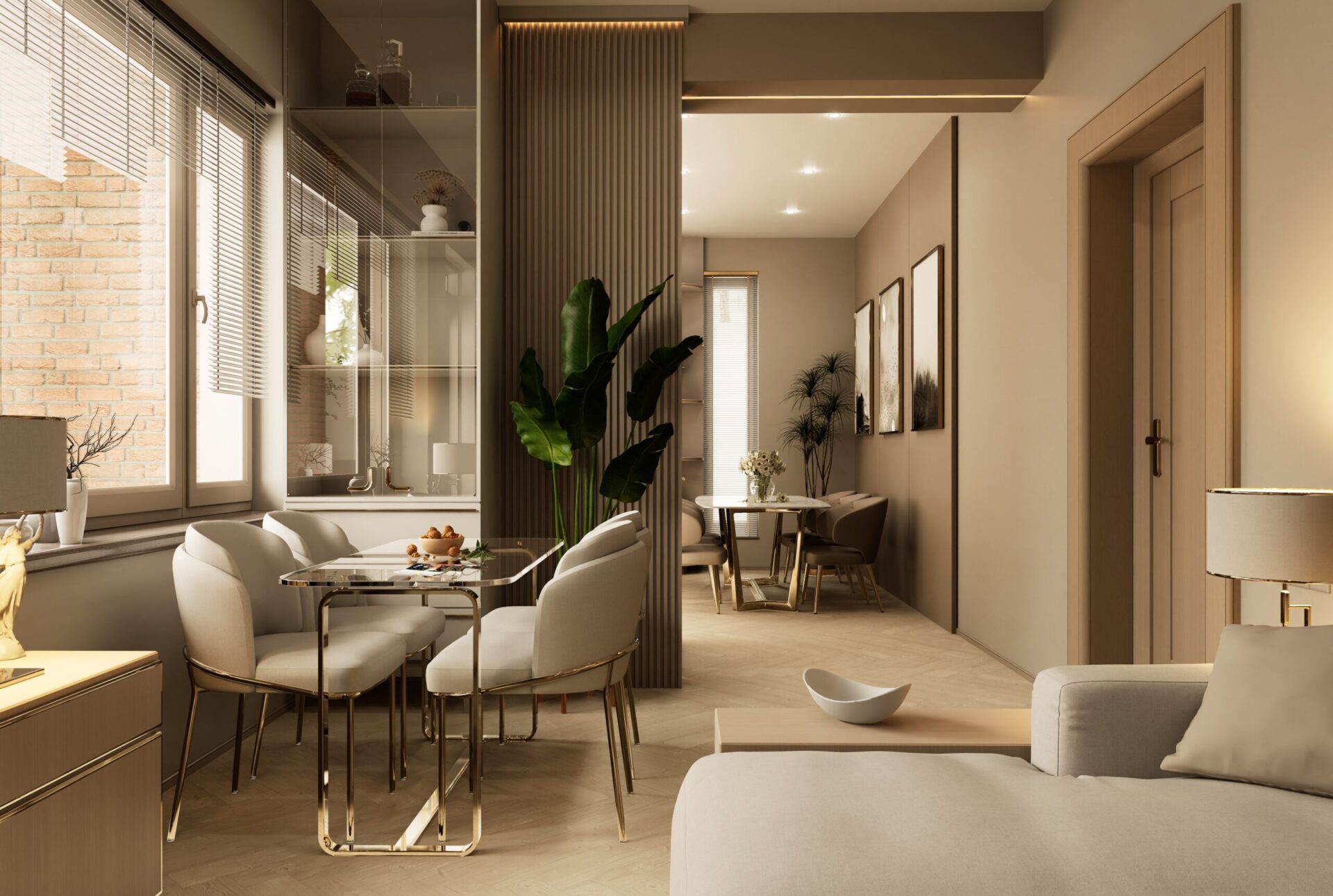 A 3D rendered lounge with gold theme color, the colors are perfectly balanced with ambience lights.