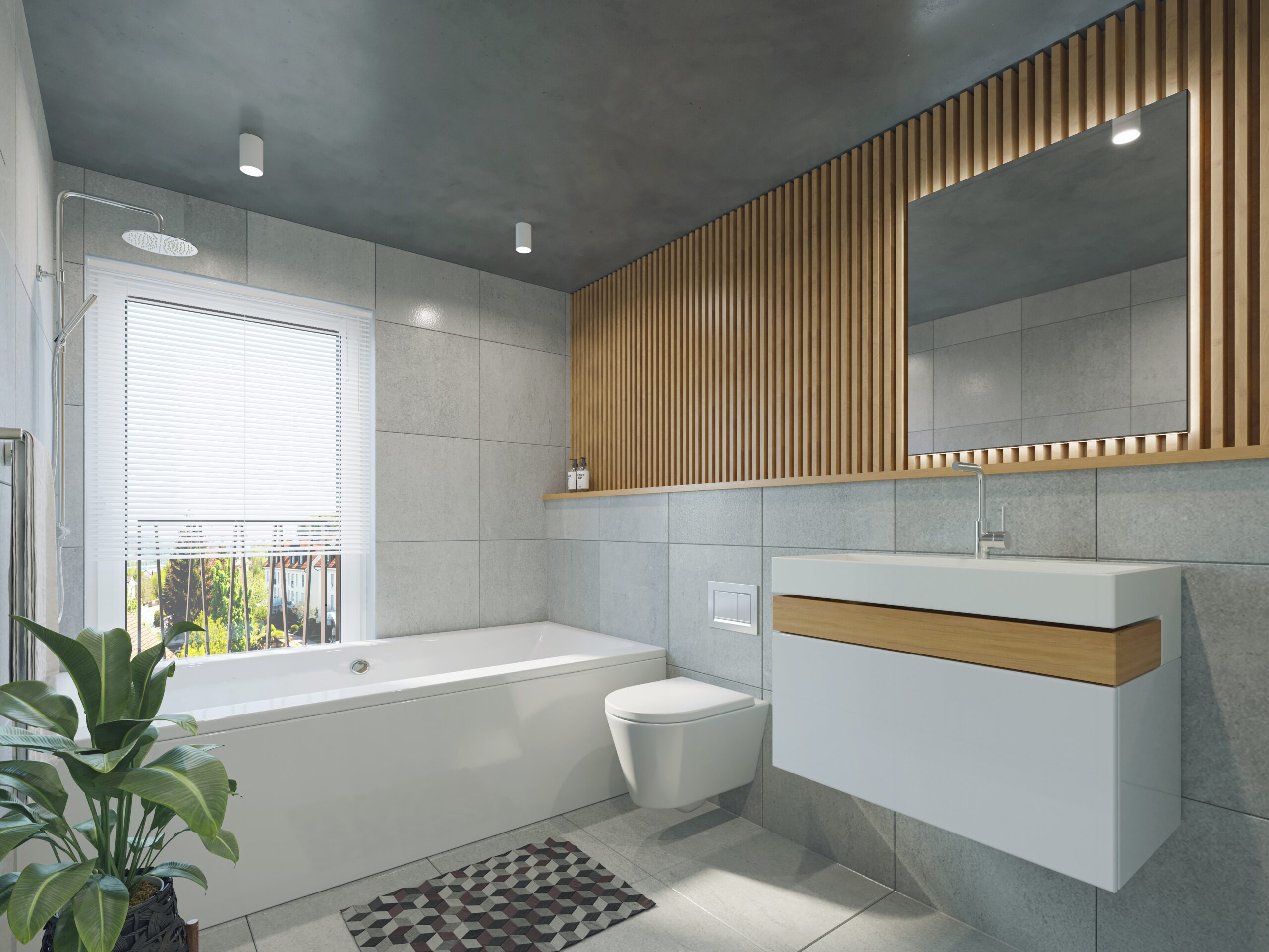 A photorealistic 3D render of a bathroom highlighting wooden texture on the mirror wall.