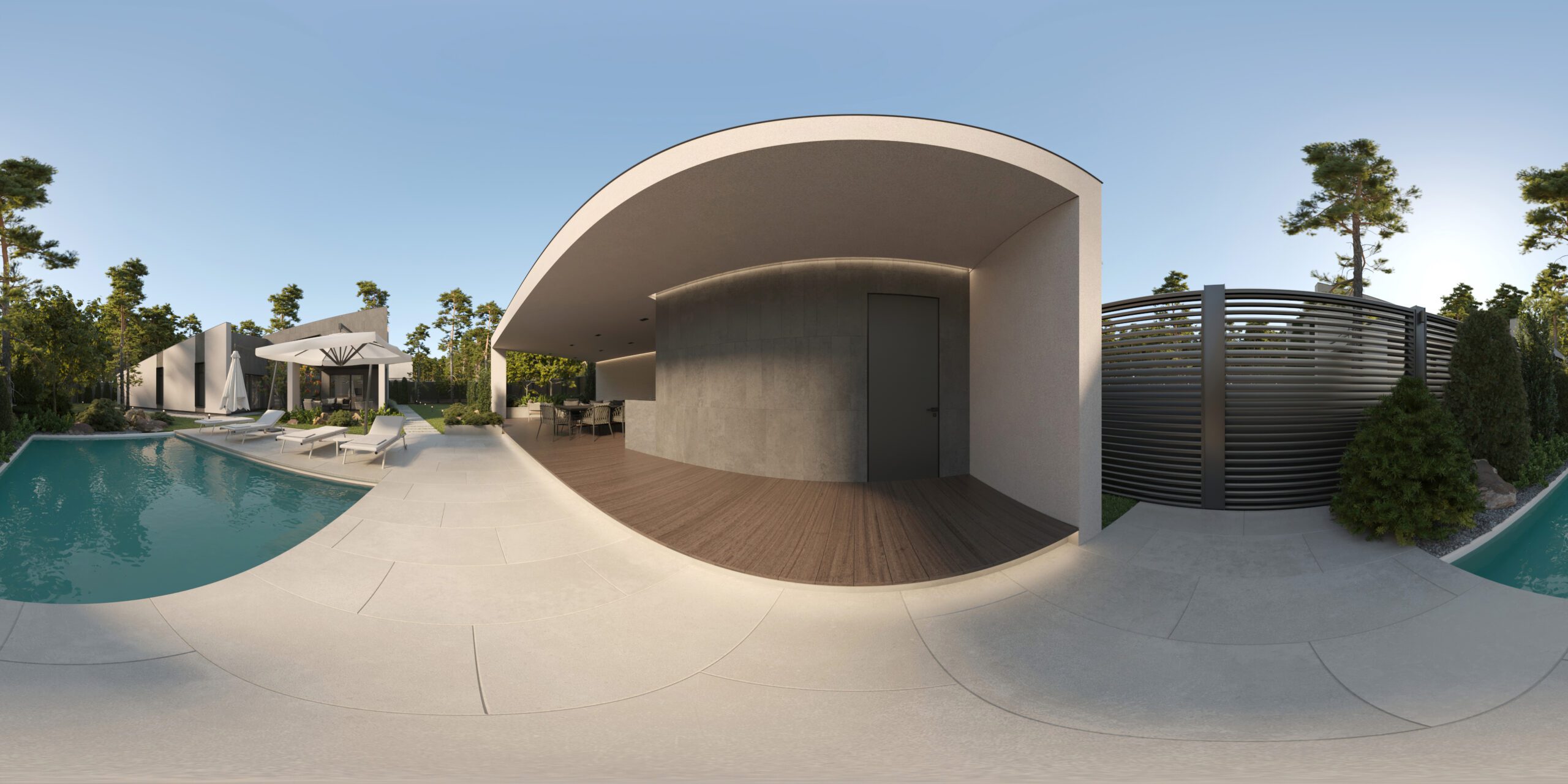 360-degree VR render of backyard of a modern house, consisting of a huge pool along with lush greenery.