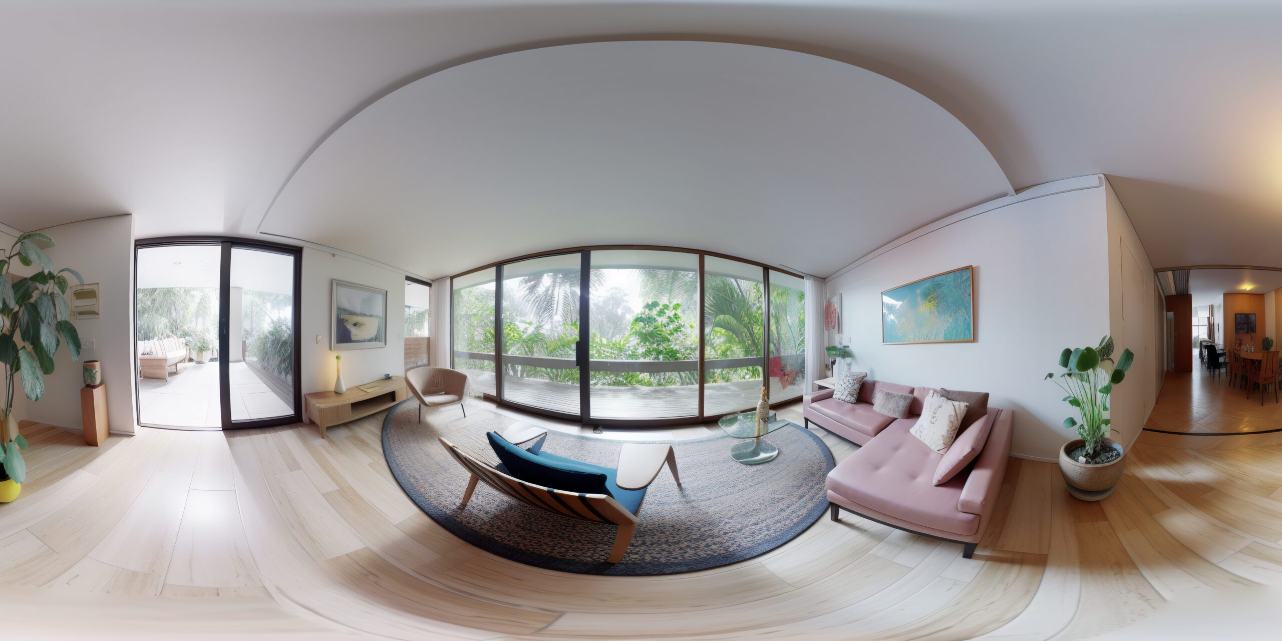 360-degree VR render of a living room and the house situated in dense greenery around it.