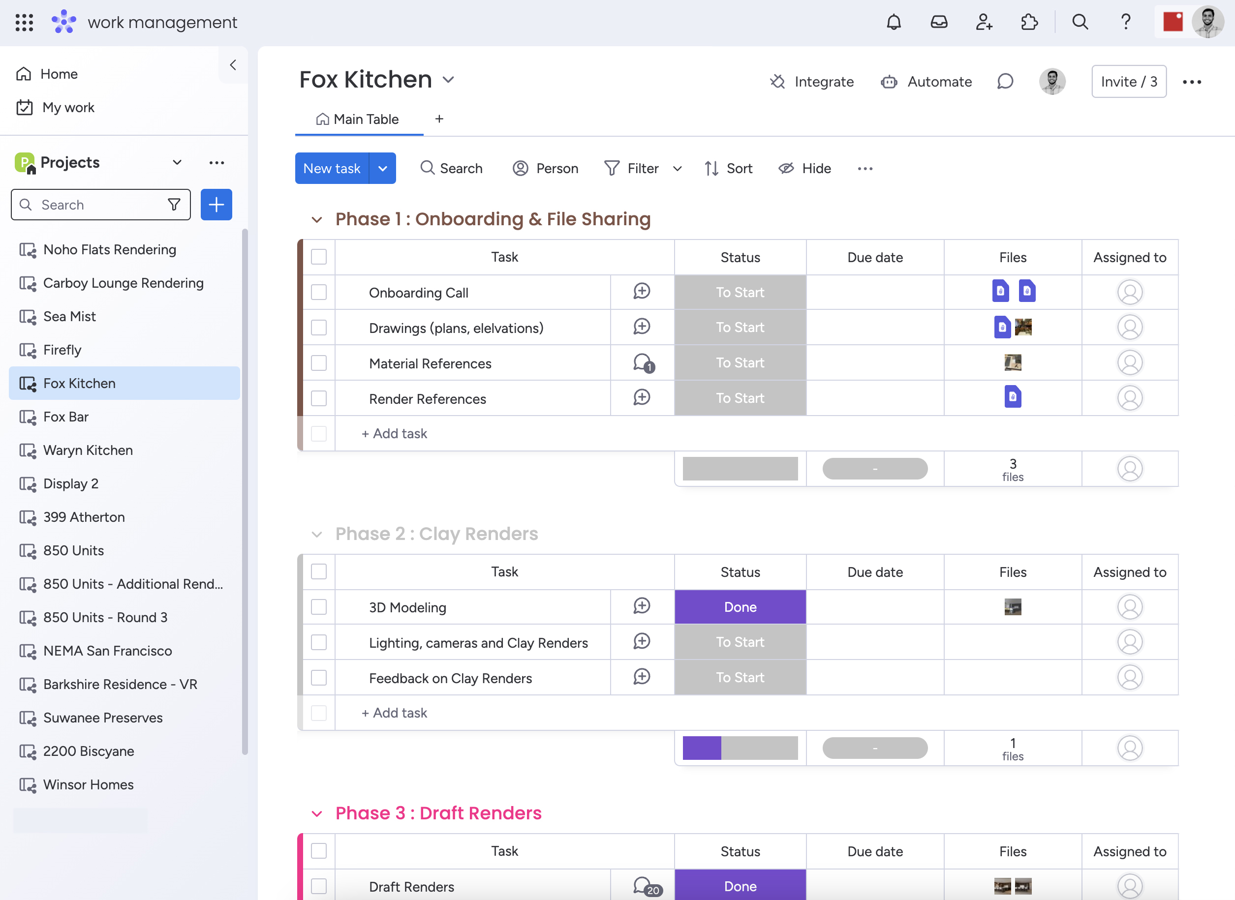 Monday.com dashboard showing all of the projects and phases of the projects.