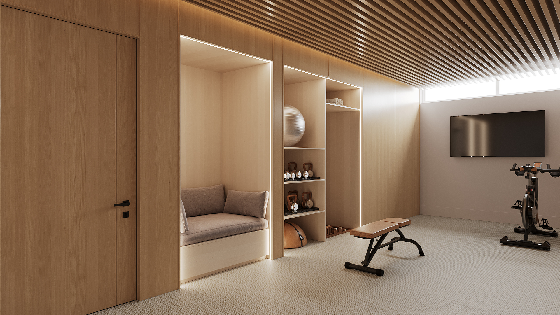 3d rendered gym area of H + B Residence project